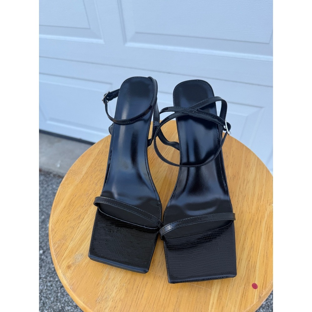 Black Square Toe Strappy Sandals Lizard Embossed Flared Heel Size 41 Womens
